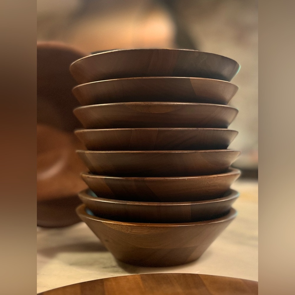 Wooden dishes. One platter, one large bowl and eight small bowls, matching set